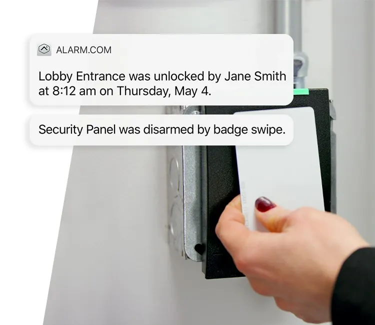 Employee badge tapped on an access reader with entry notifications