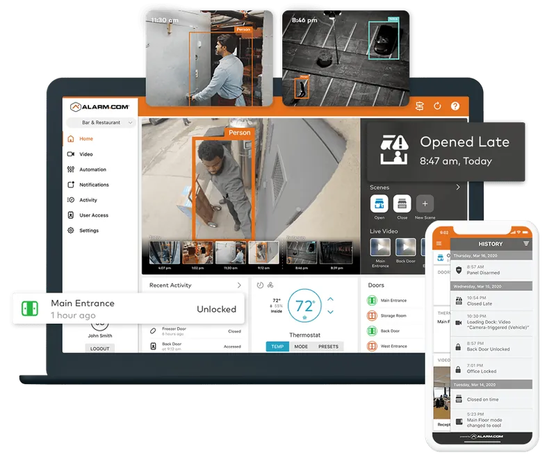 Alarm.com business dashboard on desktop and phone