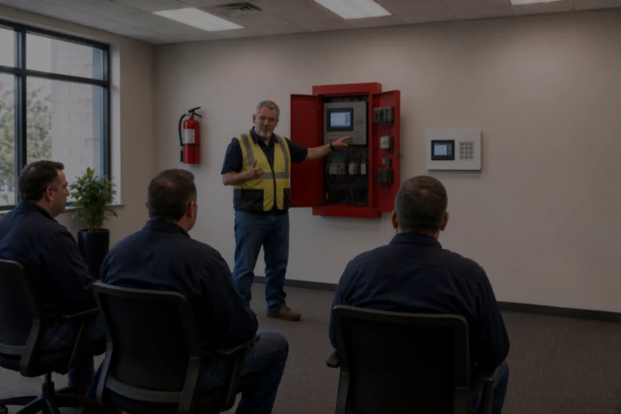 Red Safety technician walking a business team through their fire alarm panel