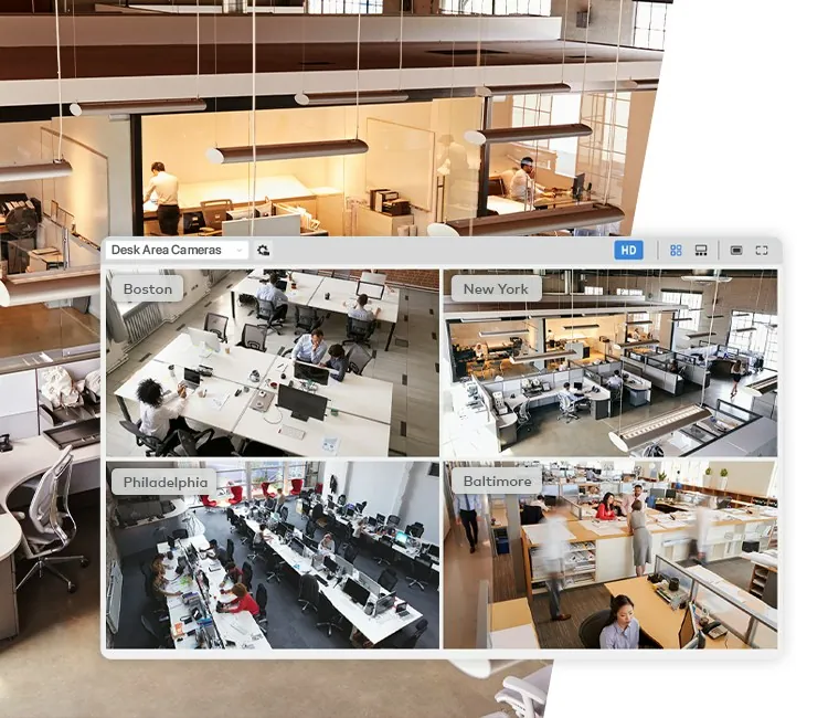 Multi-location camera dashboard showing several offices