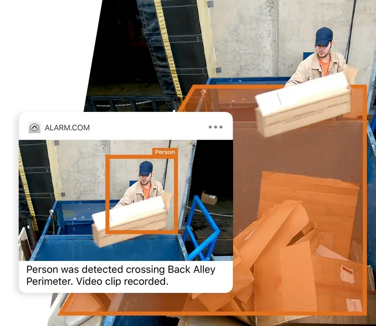 Alert showing a person detected crossing the back alley perimeter